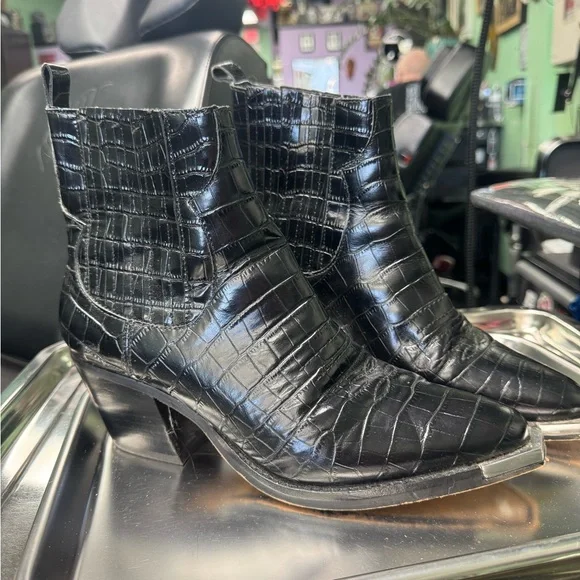 Black Croc-Embossed Ankle Boots - Picture 2 of 7